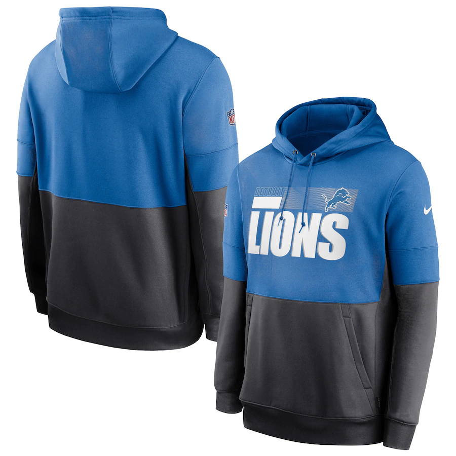 Men's Detroit Lions Blue/Charcoal Sideline Impact Lockup Performance Pullover Hoodie